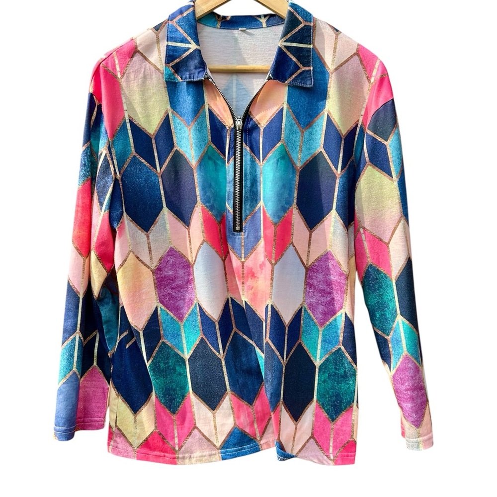 Geometric Women's Tunic Top Sz.Large Zip Neck